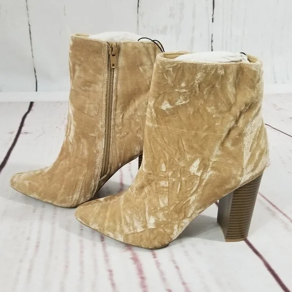 Taupe Crushed Velvet Pointed Toe Heeled Booties - Picture 3 of 6
